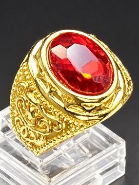 Marquis Ruby Red Men’s Statement Ring Size 10 Gold Tone Oval Crystal Ornate